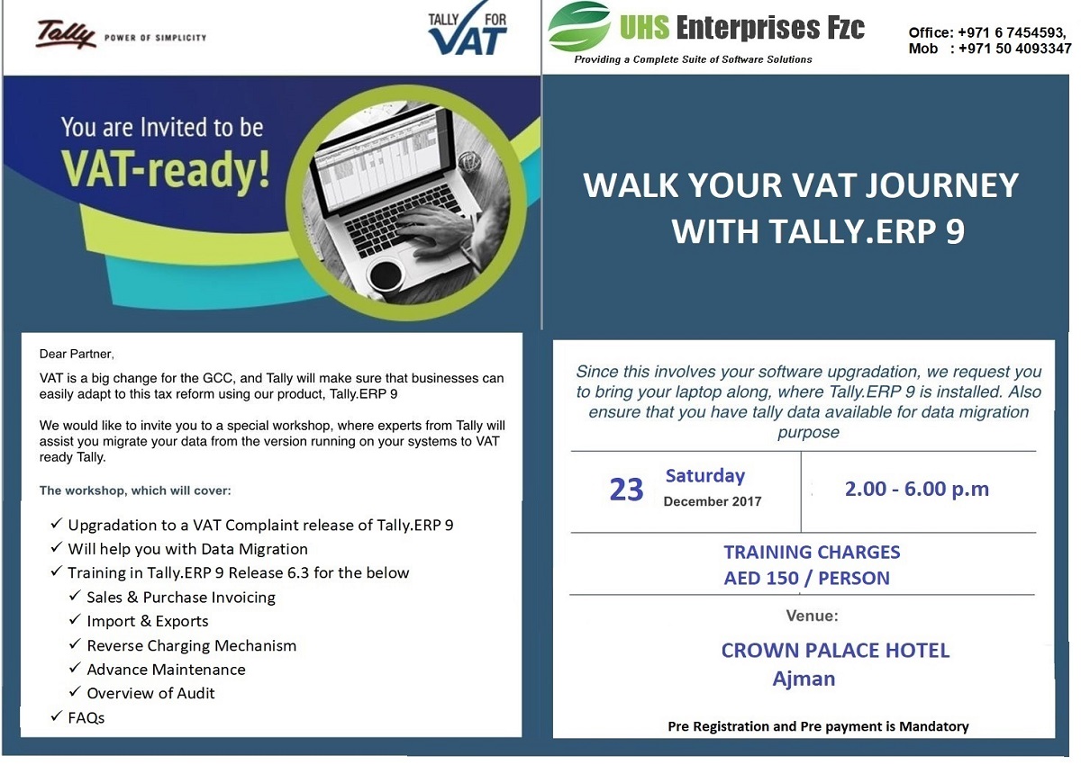 Tally ERP9 VAT Training Tickets UHS ENTERPRISES FZC